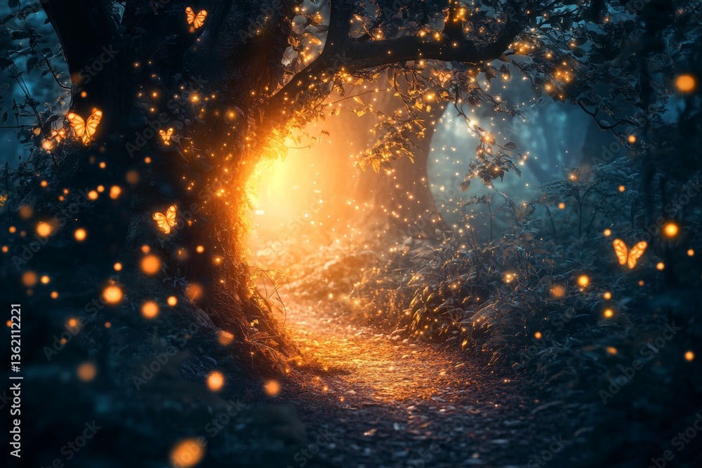 Aufkleber mystical forest pathway illuminated by butterflies and glowing particles at twilight