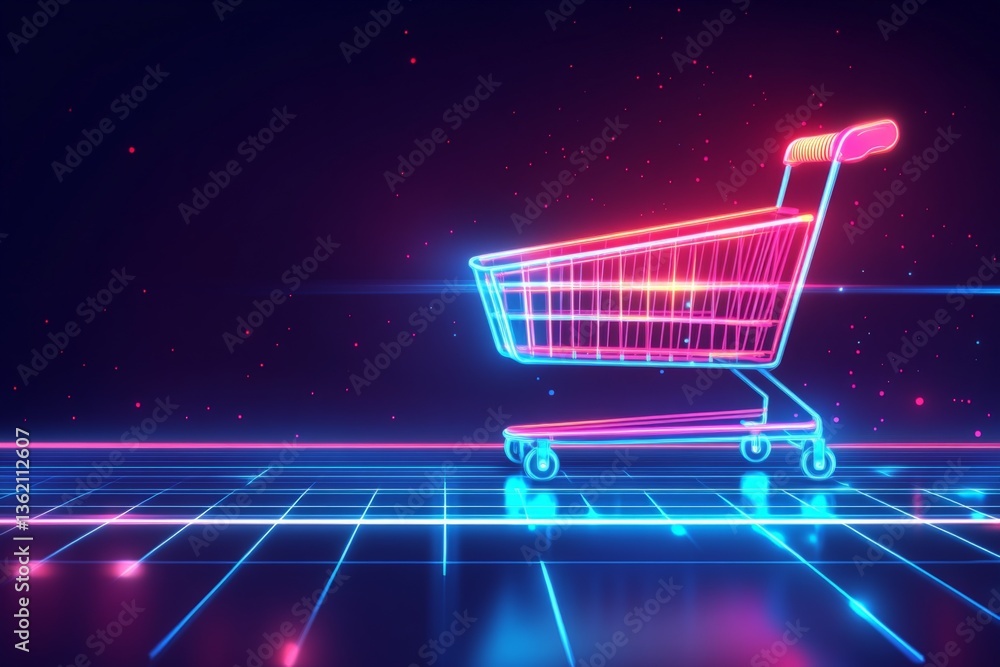Aufkleber Digital shopping cart illuminated in neon colors against a futuristic background displaying a grid pattern