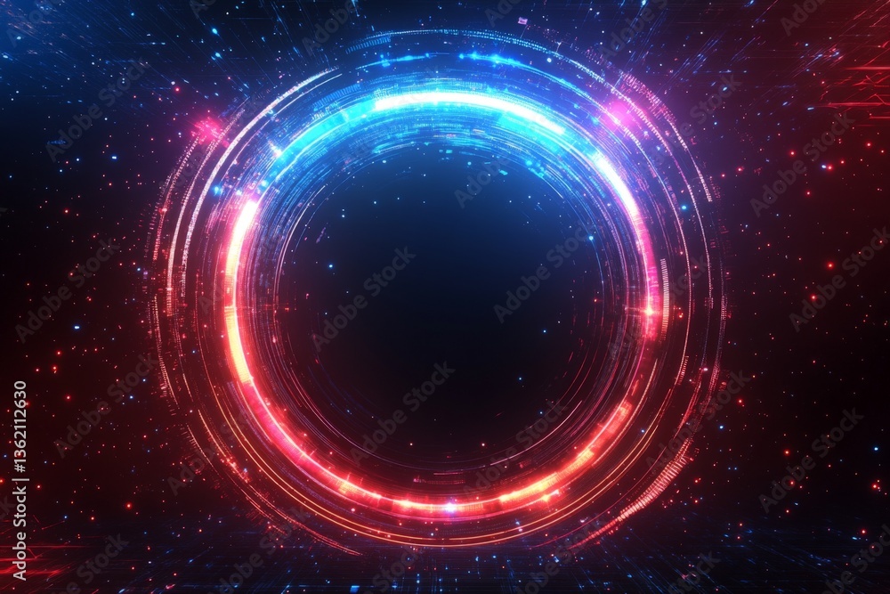 Poster Colorful circular light formation with bright particles in a dark background during a cosmic event in a digital art style