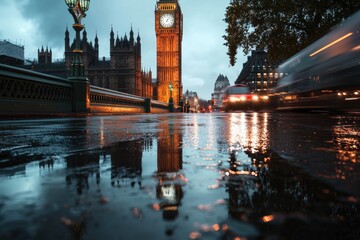 Fototapeta premium Big ben and the houses of parliament reflected in puddles during a soft rain shower london famous landmarks urban landscape low angle view