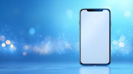 Modern smartphone on blue backdrop blank screen with design space for mobile technology