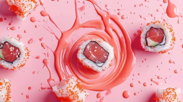 Floating busiate with spicy tuna sauce splashes on a pastel bubblegum pink background