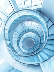 Spiral staircase inside a modern cylindrical building with glass floors