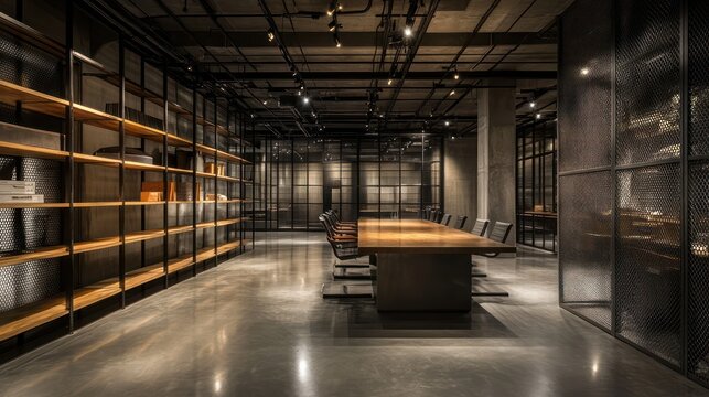 A sophisticated industrial workspace with polished concrete floors, a long steel conference table, metal mesh partitions, wooden shelving units, and