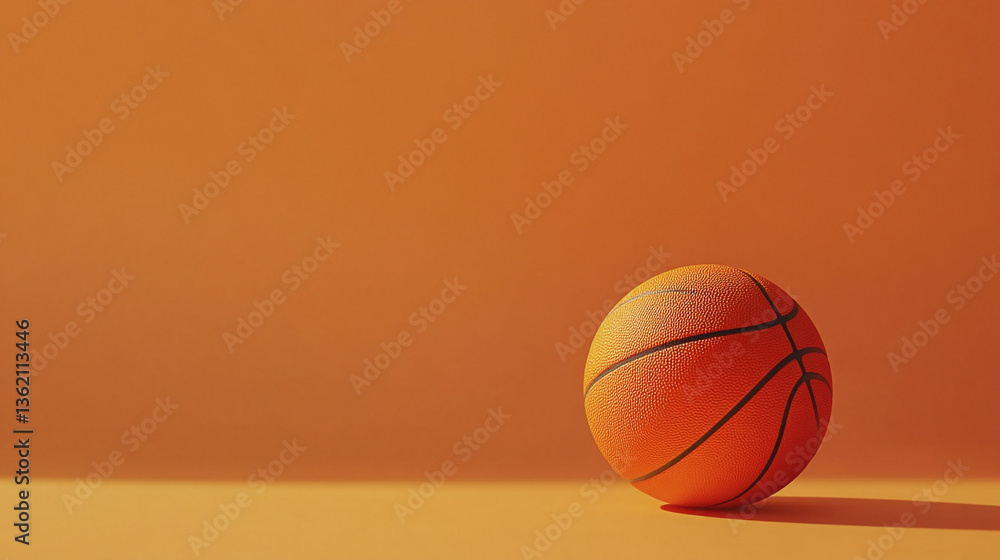Poster a basketball resting on a surface against an orange background in a studio setting with shadow