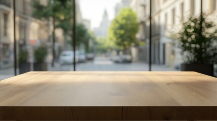 Wooden dining table in a modern home with a blurred view of the street outside, modern home, dining table illustration