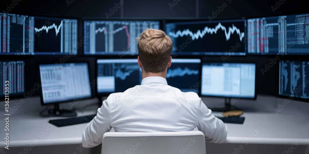 Poster focused broker analyzing financial data on multiple monitors