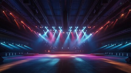 Empty concert hall stage bathed in vibrant lighting