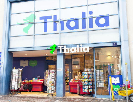 Thalia bookstore exterior with display stands and entrance view