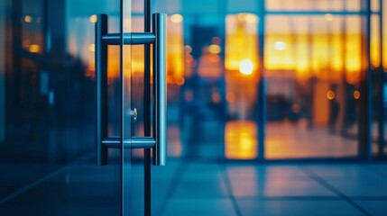 Close-up of a modern glass door handle with a blurred warm-toned background suggesting an indoor space at sunset.  The image evokes a feeling of transition and access