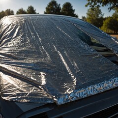 A lightweight thermal reflective cover draped over a car windshield, blocking UV rays and heat.


