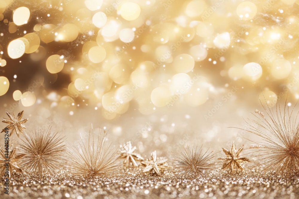 Poster winter wonderland scene with golden bokeh lights and decorative elements on a shimmering background