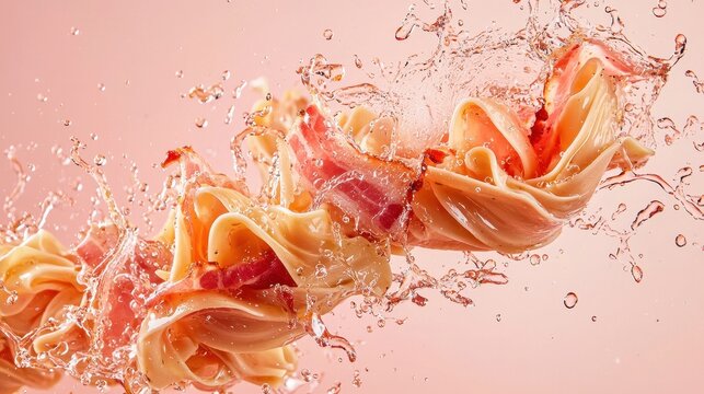Flying gramigna with smoked bacon sauce splashes on a pastel warm pink background