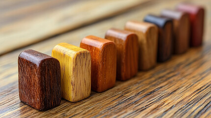 Wooden blocks arranged in a line on a wooden surface showcasing various colors and textures in natural lighting