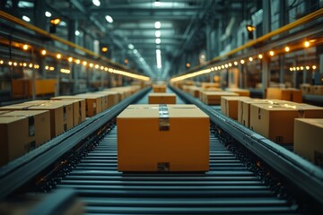 Fototapeta premium Automated Factory Conveyor Belt with Boxes