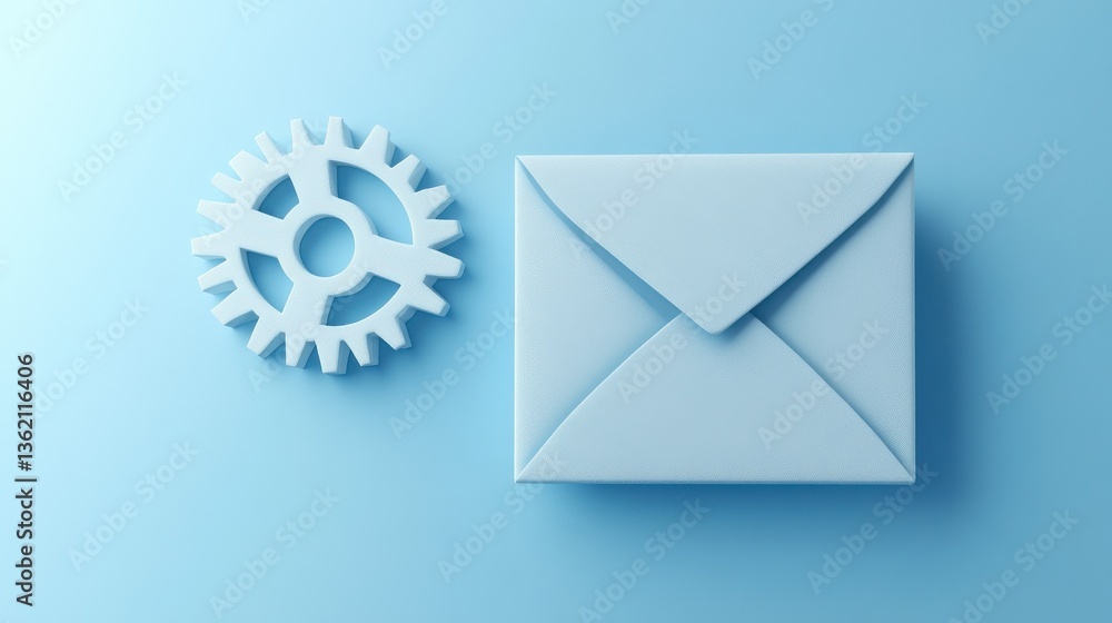 Poster digital envelope and gear icon on a blue background for email automation concepts.