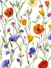 Fototapeta premium Seamless pattern with colorful wild flowers on white background.