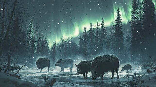 A group of wild boars standing beneath the northern lights