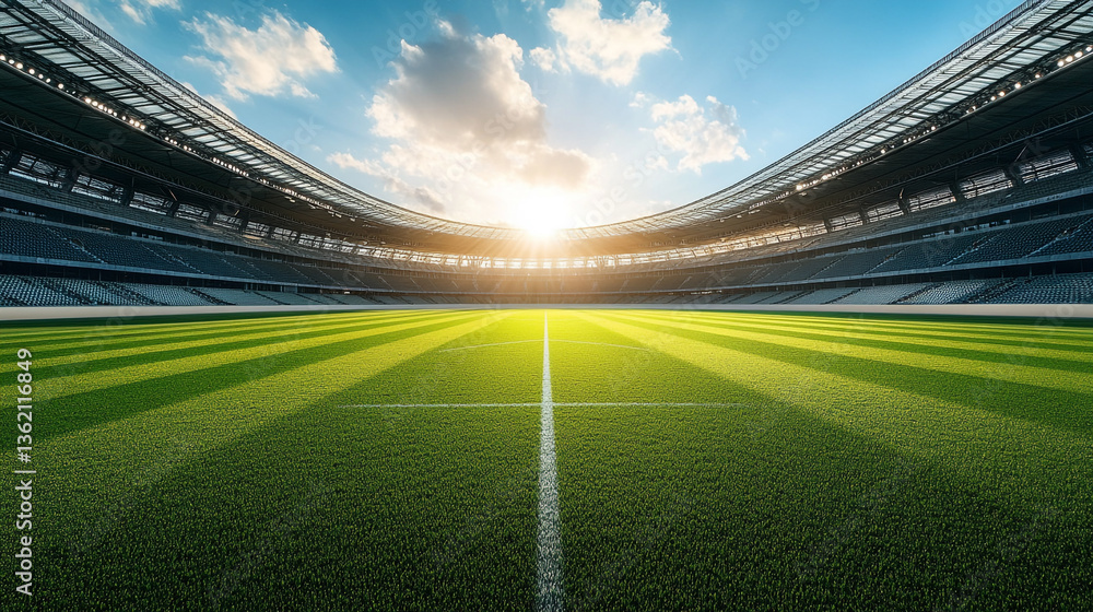 Poster a view of an empty stadium with green grass field and bright sunlight shining through the clouds abo