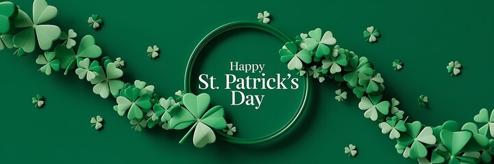 St. Patrick's Day celebration with a vibrant green background filled with shamrock clovers surrounding a circular frame with Happy St. Patrick's Day in elegant typography, a festive holiday ambiance