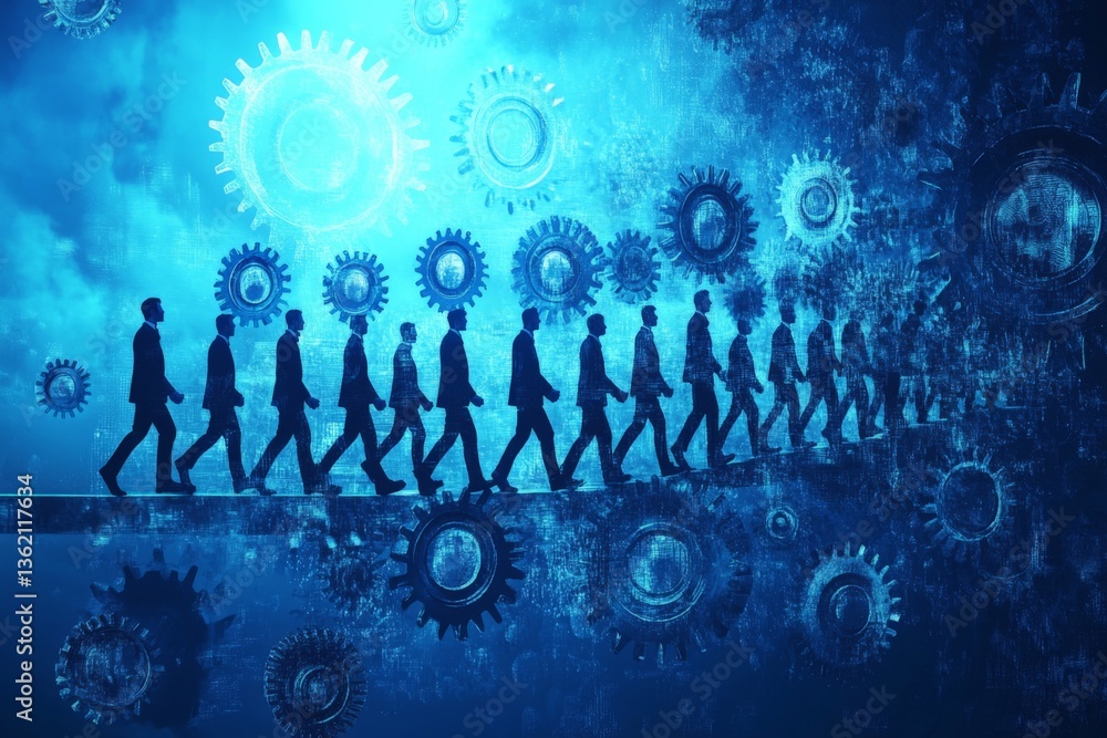 Poster walking towards innovation through teamwork in a dynamic environment filled with gears and technolog