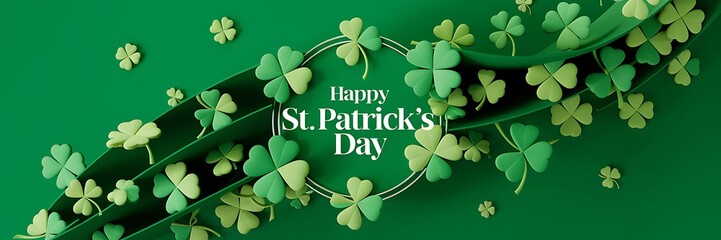 St. Patrick's Day celebration with a vibrant green background filled with shamrock clovers surrounding a circular frame with Happy St. Patrick's Day in elegant typography, a festive holiday ambiance