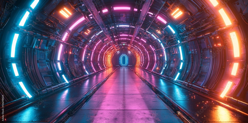 Poster image of a tunnel illuminated by neon lights producing a captivating visual display