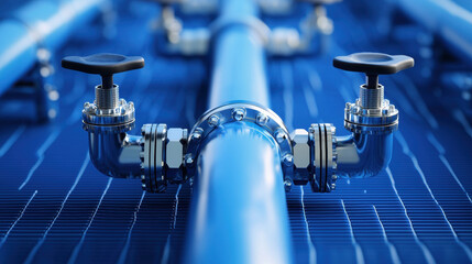 Hydrogen fuel future Close up of clean blue hydrogen pipeline network with metal valves