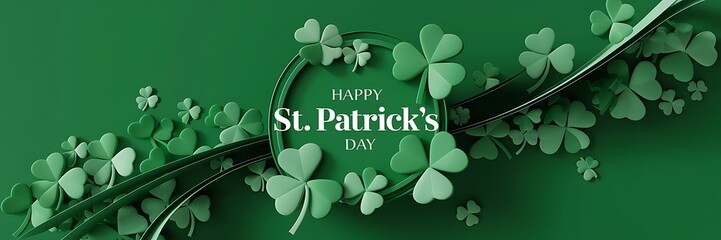 St. Patrick's Day celebration with a vibrant green background filled with shamrock clovers surrounding a circular frame with Happy St. Patrick's Day in elegant typography, a festive holiday ambiance