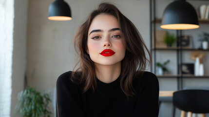 Young woman with bold red lipstick and a confident gaze, sitting in a modern apartment with minimal decor, stylish pendant lighting overhead as she engages on a video call with a s