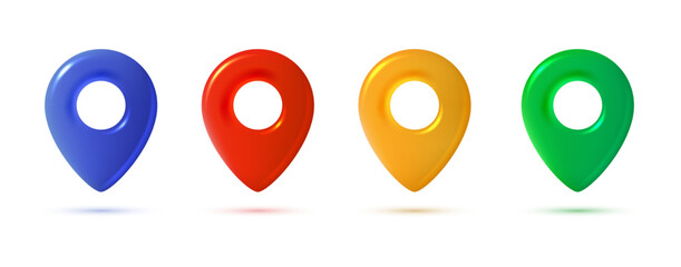 Realistic GPS pins set for map. Isolated geotag icons in blue, red, yellow and green colors, front view. Vector 3d illustration.