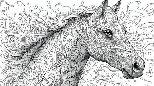 An intricate, hand-drawn Zentangle horse, adorned with flowing lines and elaborate details, invites adults to embark on a journey of creative expression and relaxation. This therapeutic coloring 