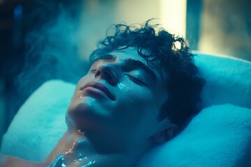 Young man experiencing relaxation and rejuvenation in a serene spa environment during a wellness treatment