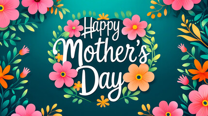 Colorful Mother's Day Card with Teal Background and Floral Accents