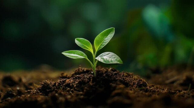 Close-up video of a young plant sprouting from soil, captured at eye level. The vibrant green leaves contrast with the dark, rich earth. Live desktop wallpaper.