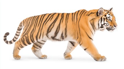 Fototapeta premium Majestic tiger in stately stride portrait on white