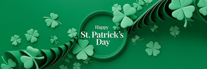 St. Patrick's Day celebration with a vibrant green background filled with shamrock clovers surrounding a circular frame with Happy St. Patrick's Day in elegant typography, a festive holiday ambiance