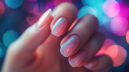 Closeup of a Woman's Hand Featuring Sparkling Pink Nail Polish Against a Bright Bokeh Background