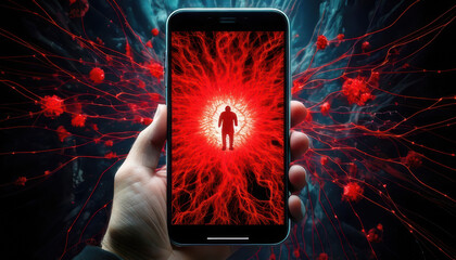 Fototapeta premium smartphone displays vivid red alert, symbolizing cyber attack, with figure silhouetted in center, evoking urgency and concern