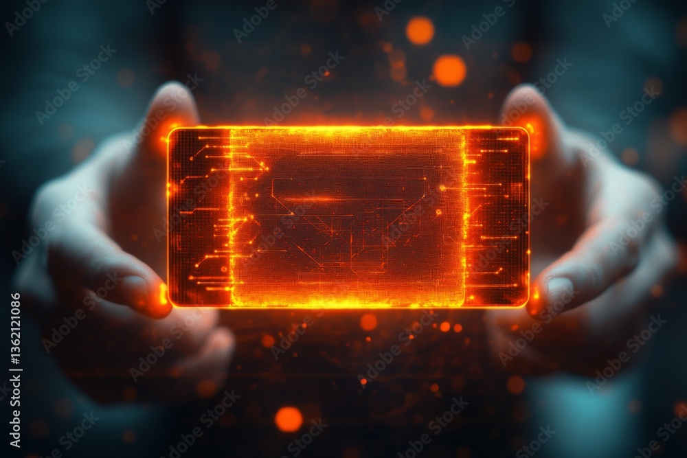 Aufkleber glowing digital device held by hands in a futuristic setting with vibrant orange light effects