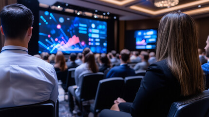 Conference attendees in semi-formal attire, seated in plush chairs, watching the speaker deliver a business strategy session with dynamic, colorful infographics on giant screens