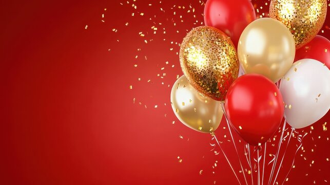 Celebration party banner background with red, gold balloons, carnival, festival or birthday balloon red background, red celebration background template illustration