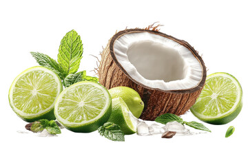 A Refreshing Summer Cocktail Featuring A Halved Coconut, Juicy Limes, And Vibrant Mint Leaves, With...