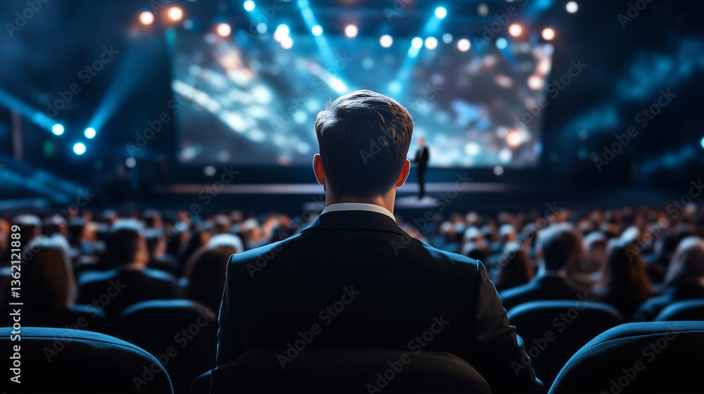 Poster professional audience sitting in neatly arranged rows, focused on a speaker pacing across a modern s