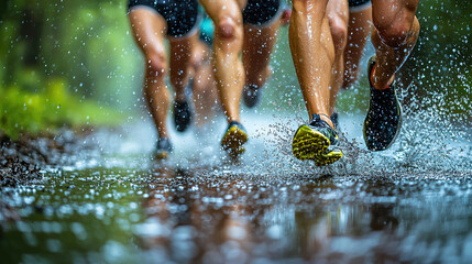 Runners splash through puddles on a rainy trail during an outdoor event in the early morning hours
