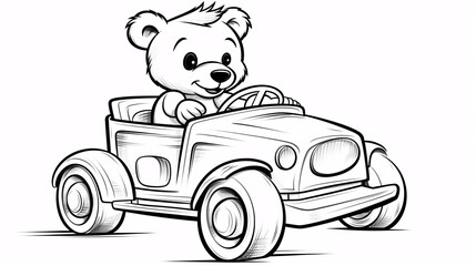 Fototapeta premium A black and white minimalist kids' coloring page featuring a teddy bear riding a fast toy car, laughing joyfully.