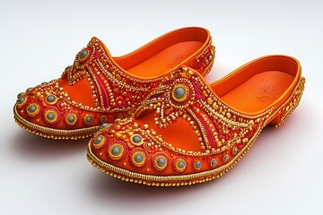 3D Vibrant Orange Khussa with Intricate Golden Embellishments