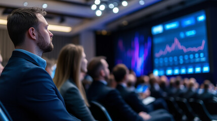 Rear shot of an international conference, audience members from various industries listening intently as the speaker presents financial projections on large screens flanking the st