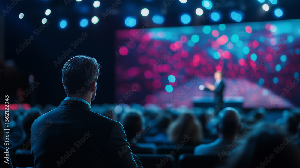 Poster professional audience sitting in neatly arranged rows, focused on a speaker pacing across a modern s