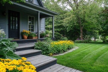 Naklejka premium Gray House with Yellow Flowers and Green Lawn